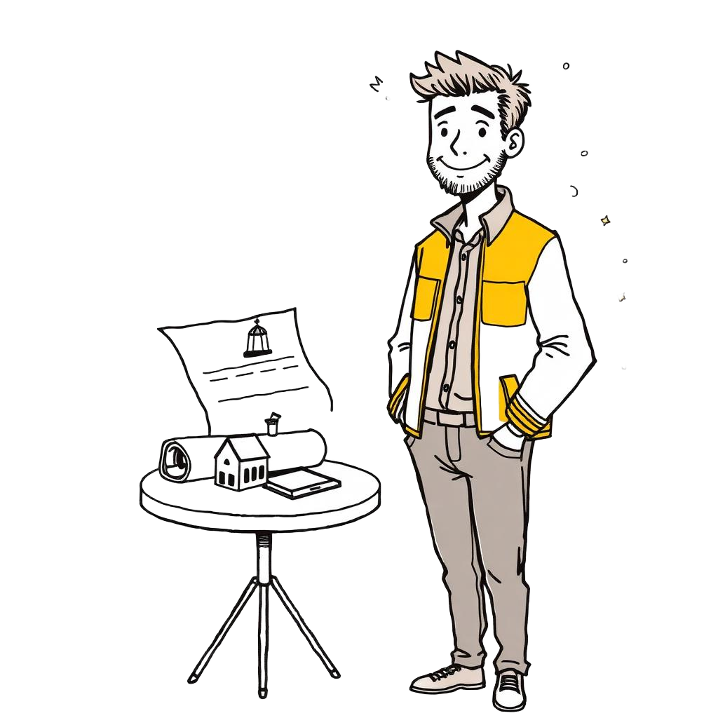 Preston standing beside a desk with a blueprint, small house model, commercial building model and tablet