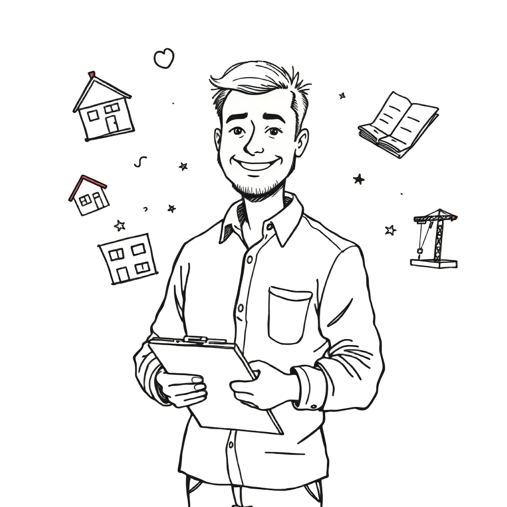 Portrait of Preston smiling with a tablet, surrounded by small icons of a house, commercial building, blueprint, crane and handshake